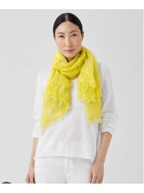 Eileen Fisher Cotton Silk Crinkle Scarf Wrap Yellow Fringe Lightweight O/S